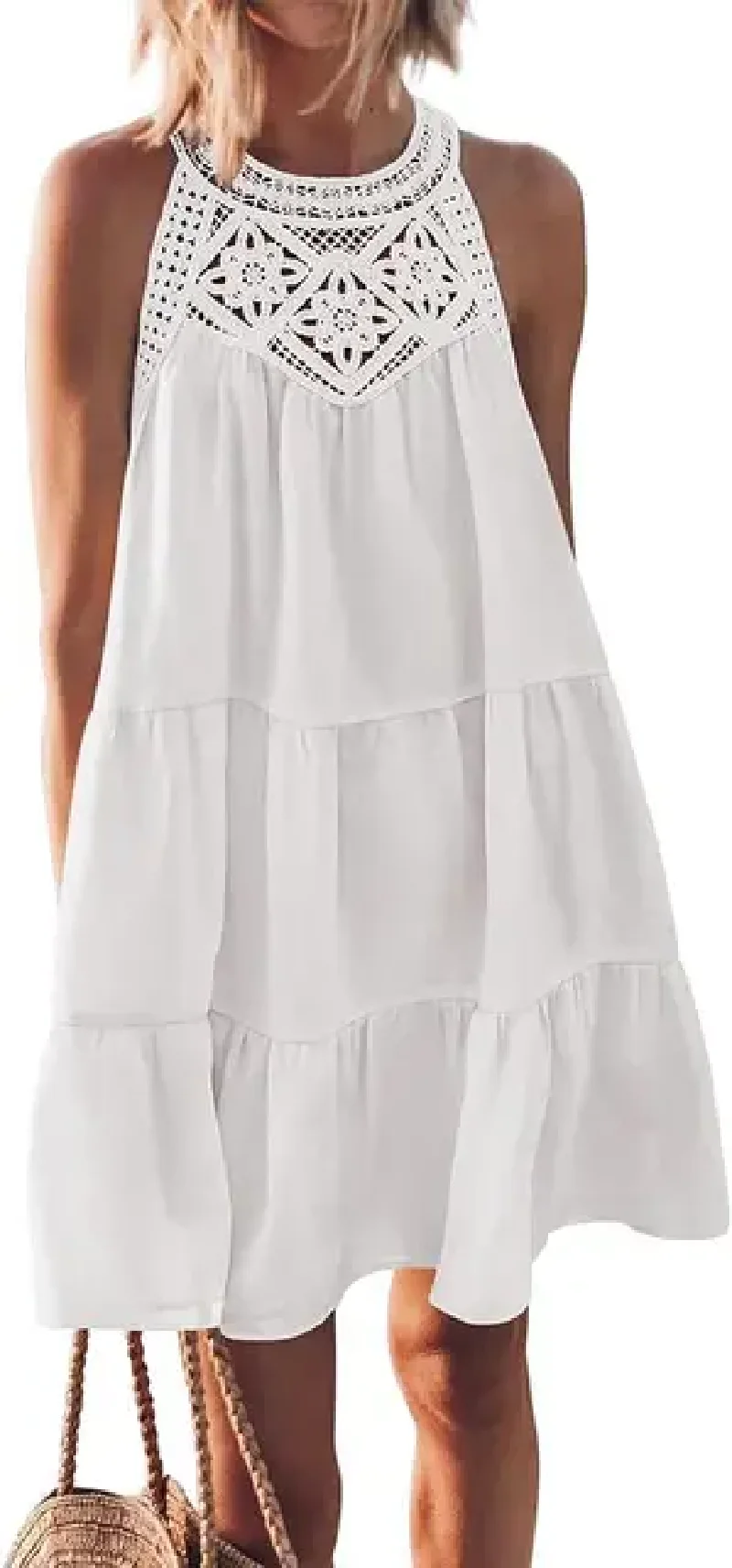 

2025 Summer Hollow Out Patchwork Bohemian Mini Women Dress Casual Sleeveless A- Line Layered Movement Vest Dress Beach Vacation