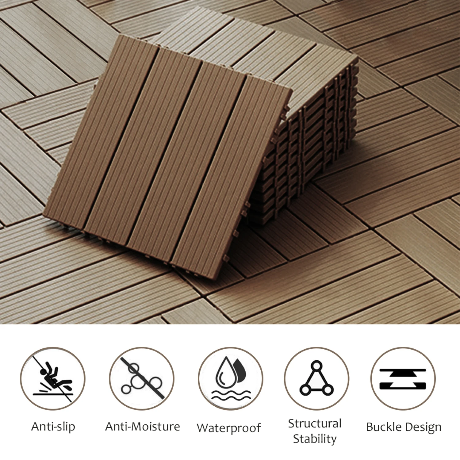 Plastic Composite Deck Tiles Set of 35pcs, Composite Decking Resist Rust, Water, Weather, Indoor&Outdoor, Easy to DIY & Maintain