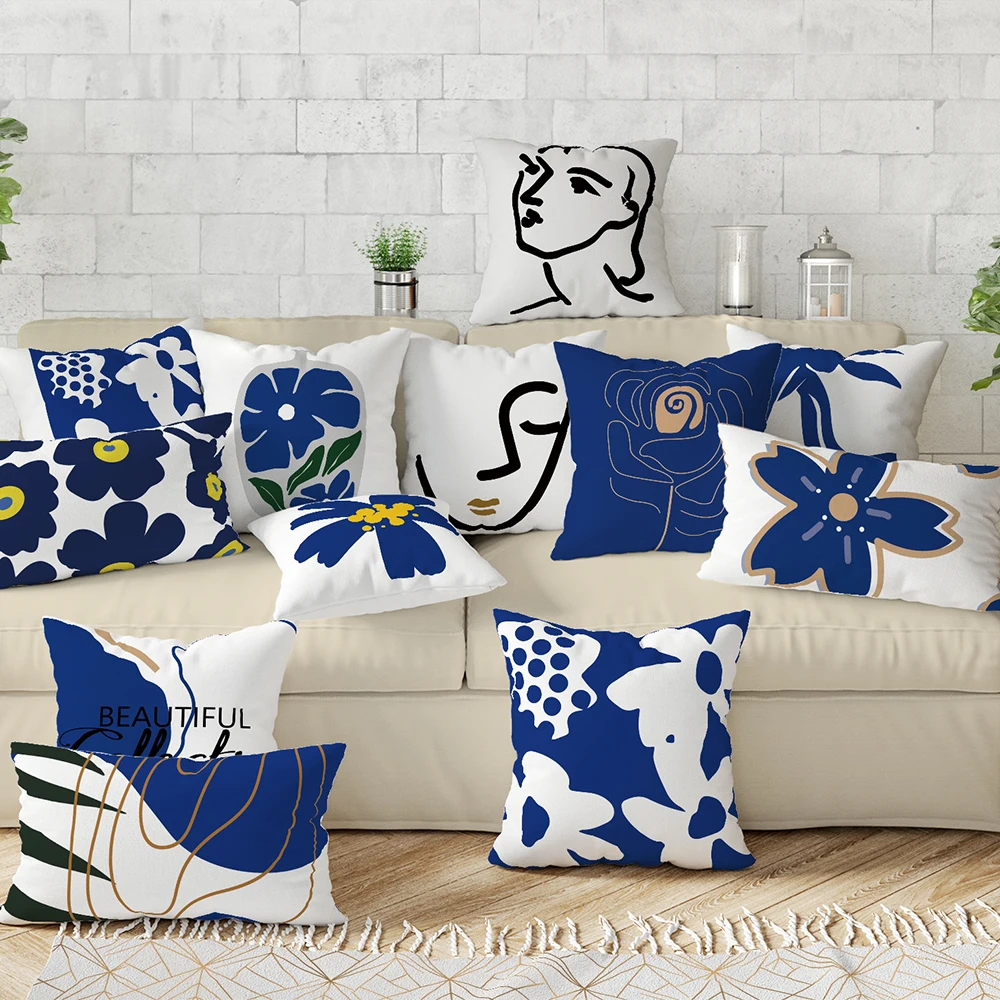 Sofa Home Decoration Vintage Art Abstract Blue Print Pillow Case Throw   Decorative Cushion Cover