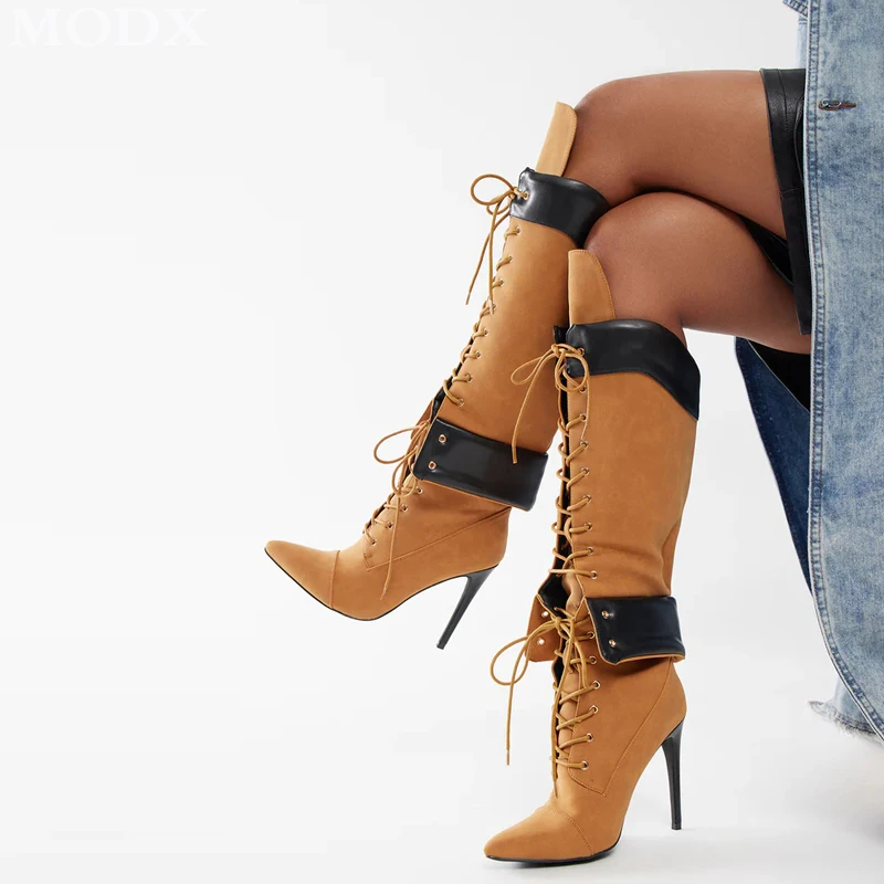 Pointed Toe Thin Heel Cross Strap Mid Calf Boots Big Size Fashion Patchwork Vintage Knee High Boots Sexy Stiletto Runway Shoes