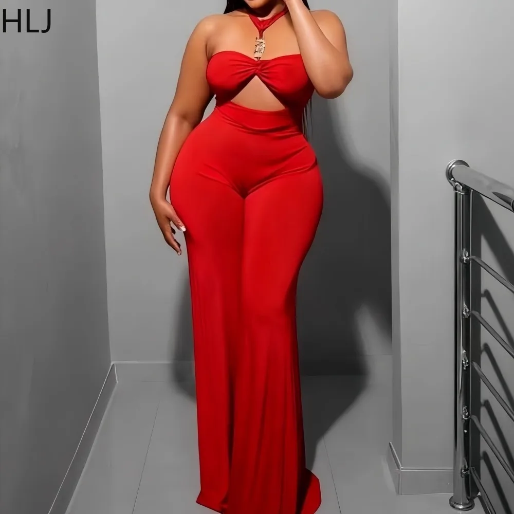 HLJ エレガントな中空パッチワークボディコンジャンプスーツ女性のためのホルターネックノースリーブバックレスロンパース女性ストリートウェアオーバーオール新しい