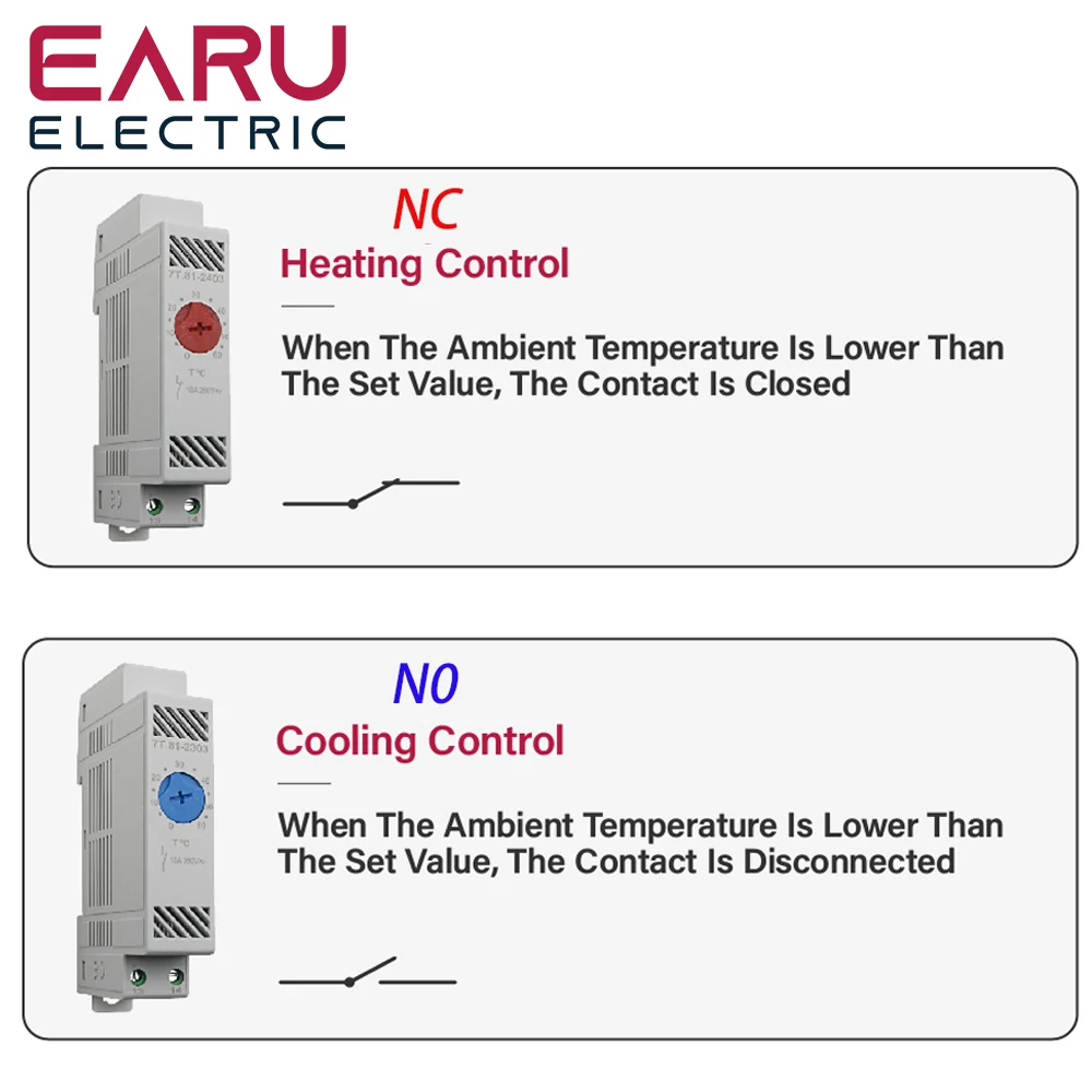 35mm Din Rail NO NC 0-60℃ Industrial Temperature Regulator Automatically Adjusts Heating System Temperature Regulator Thermostat