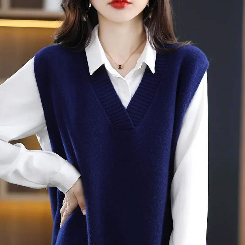 

Women's Mid-Length Casual Sleeveless Overlap Wear V-Neck Commuting Pure Color Sweater Loose Fashionable Woolen Vest