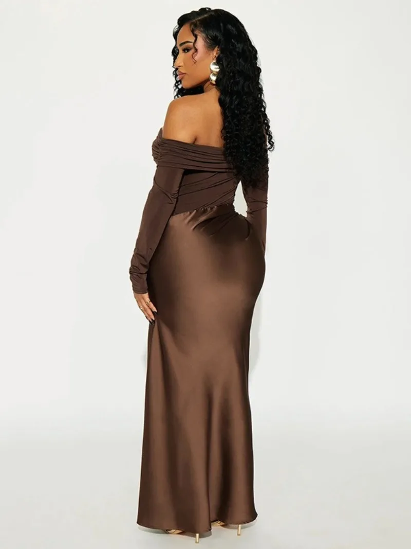 FDYOUI エレガントシックサテンパッチワークホローアウトロングドレス女性スラッシュネックフルスリーブ非対称ブラウンイブニングパーティードレス