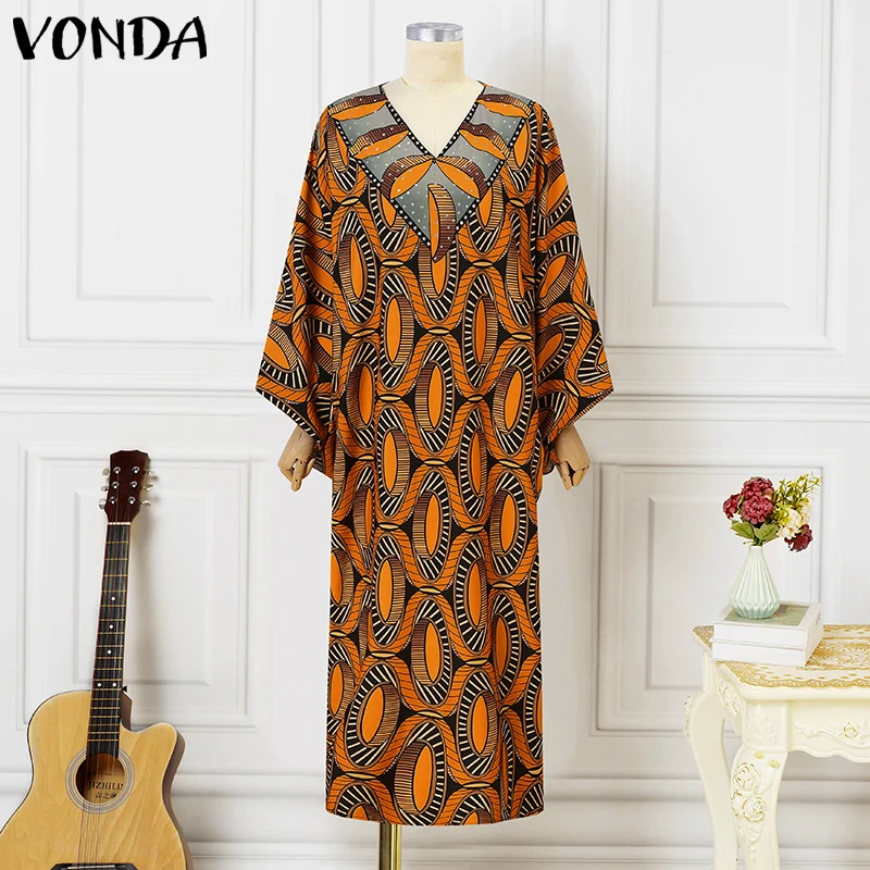 VONDA grande taille robes bohème impression longue Maxi Robe d'été femmes élégant col en v décontracté à manches longues Robe fête robes 5XL