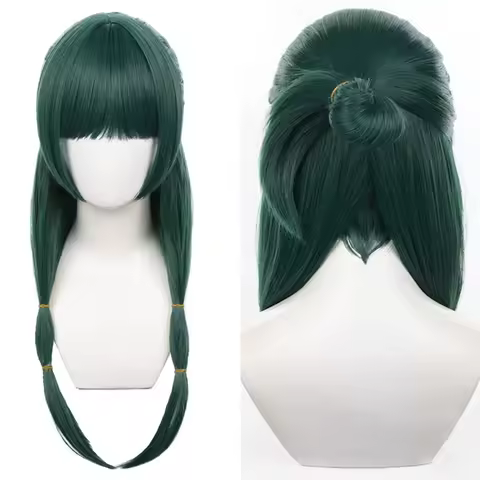 Synthetic Straight Hair Wig Cute Lolita Wig Dark Green Long Twin-Tail Cosplay Wig with Bangs Anime Party Hair Accessory