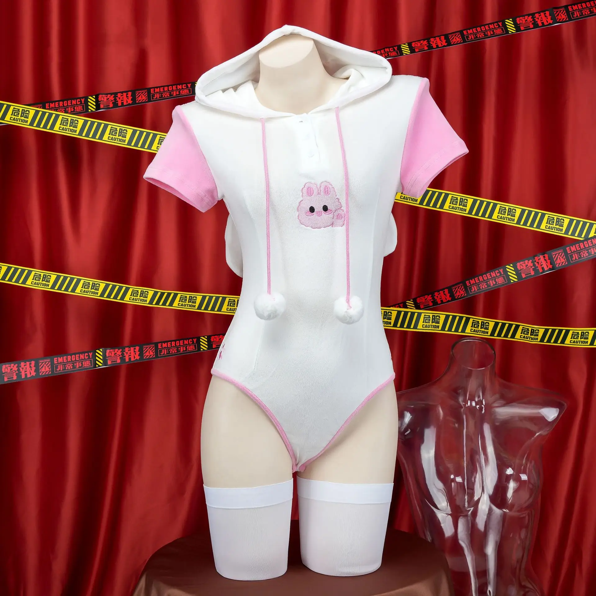 Anime Konijnenmeisje Cosplay Kostuum Vrouwen Kawaii Sexy Pluche Hoodie Bodysuit Schattige Konijnenoren Pyjama Met Korte Mouwen Halloween Clohtes