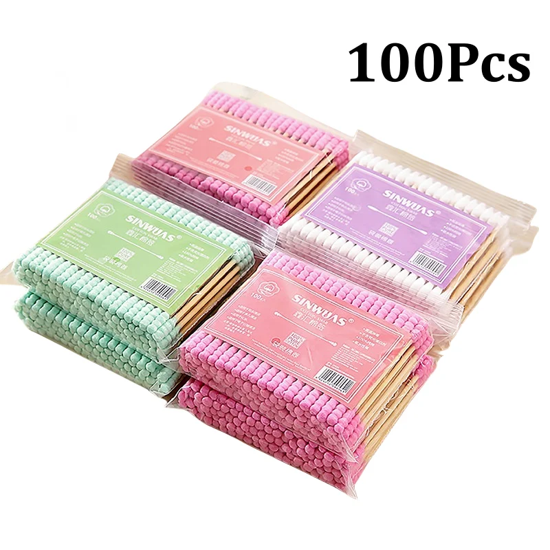 100pcs Double Head Cotton Swab Women Makeup Cotton Buds Tip for Wood Sticks Nose Ears Cleaning Health Care Tools