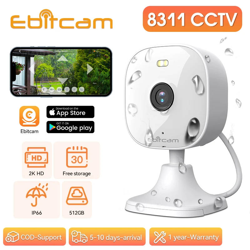 Ebitcam Outdoor Mini Camera WiFi 2K Waterdicht Kleur Nachtzicht 2-weg Audio AI Detecteren Beveiliging Cam IP Surveillance met Alexa