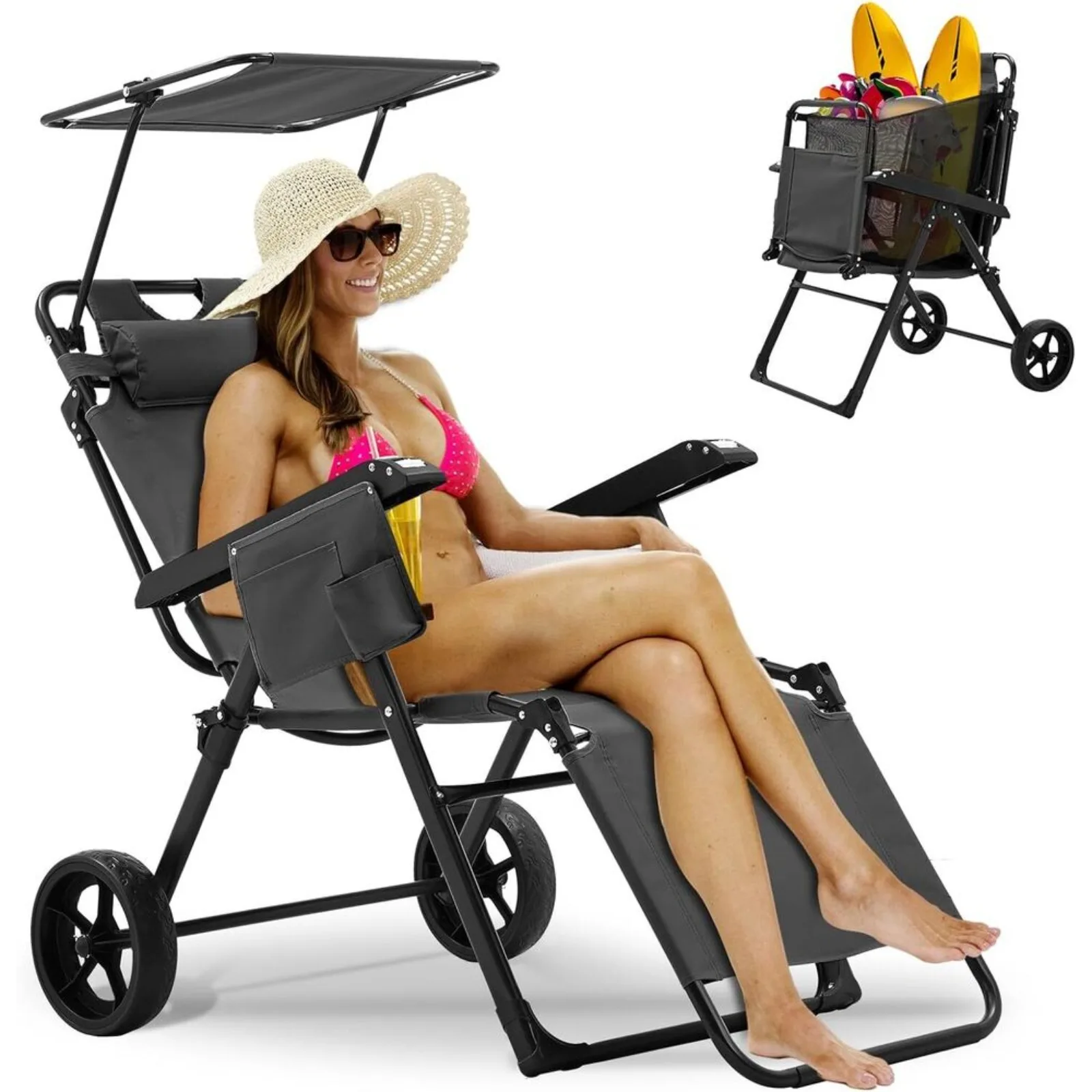 US Beach Cart Chair, 2 in 1 Foldable Chaise Lounge Chair Integrated Wagon Pull Cart