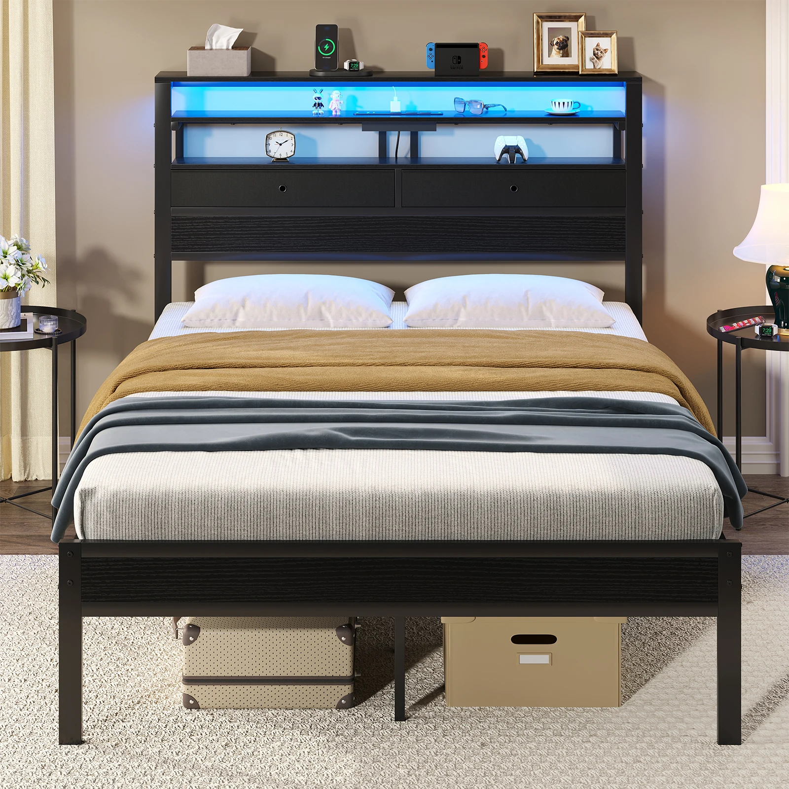 MCQ Basic Bed Frame Metal Platform with Storage LED Charging Station Headboard Sturdy Steel Slat Support All Size Bedroom Bed For Home