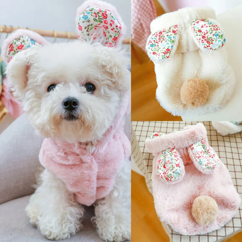 

Cute Bunny Ears Plush Dog Hoodie Warm Pet Cotton Jacket Trendy French Bulldog Clothes Outdoor Puppy Two-Legged Clothing