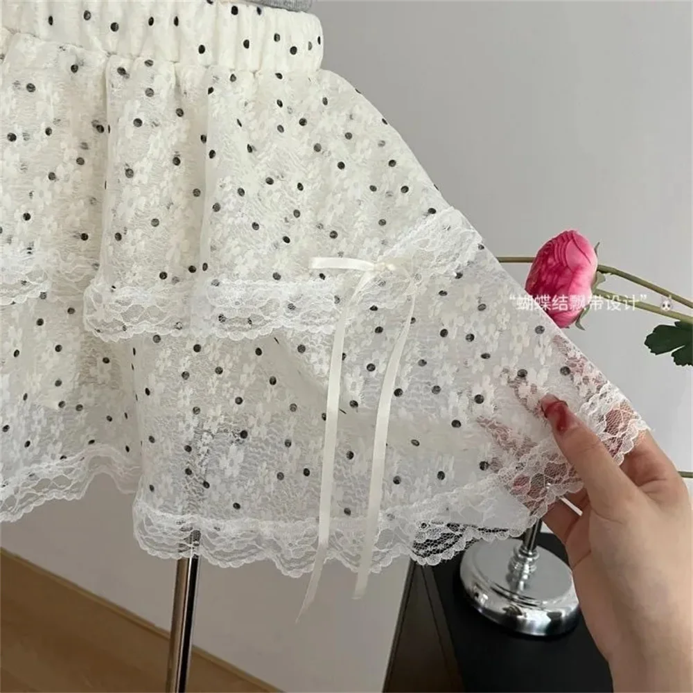 Sweet White Lace Polka Dot Mini Skirt Summer Ruffled Tiered Cake Skirt Women Bow Lace-up A-line Skirts Casual Party Beach Outfit