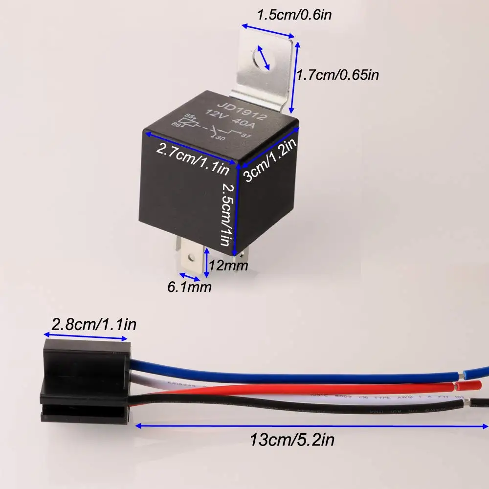 JD1912 Car Relay Harness 12V 40A 4 Pin SPST Harness Sockets with Color-labeled Wires for Automotive Truck Van Motorcycle Boat