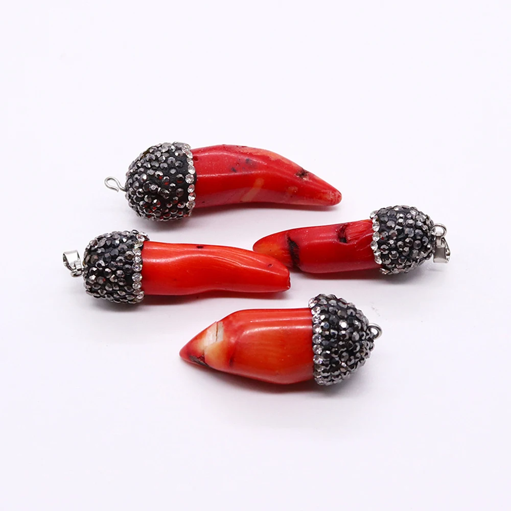 1pc Natural Sea Bamboo Red Coral Pendant Chili Shaped Exquisite Water Diamond Jewelry Making Exquisite Charm Necklace Earrings