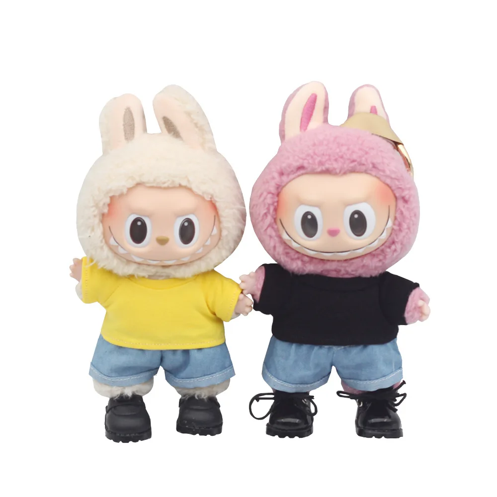 Plush Doll\'S Clothes Outfit Accessories For Korea Kpop Exo Labubu Idol Dolls 10cm cotoon doll T-shirt denim shorts set Clothing