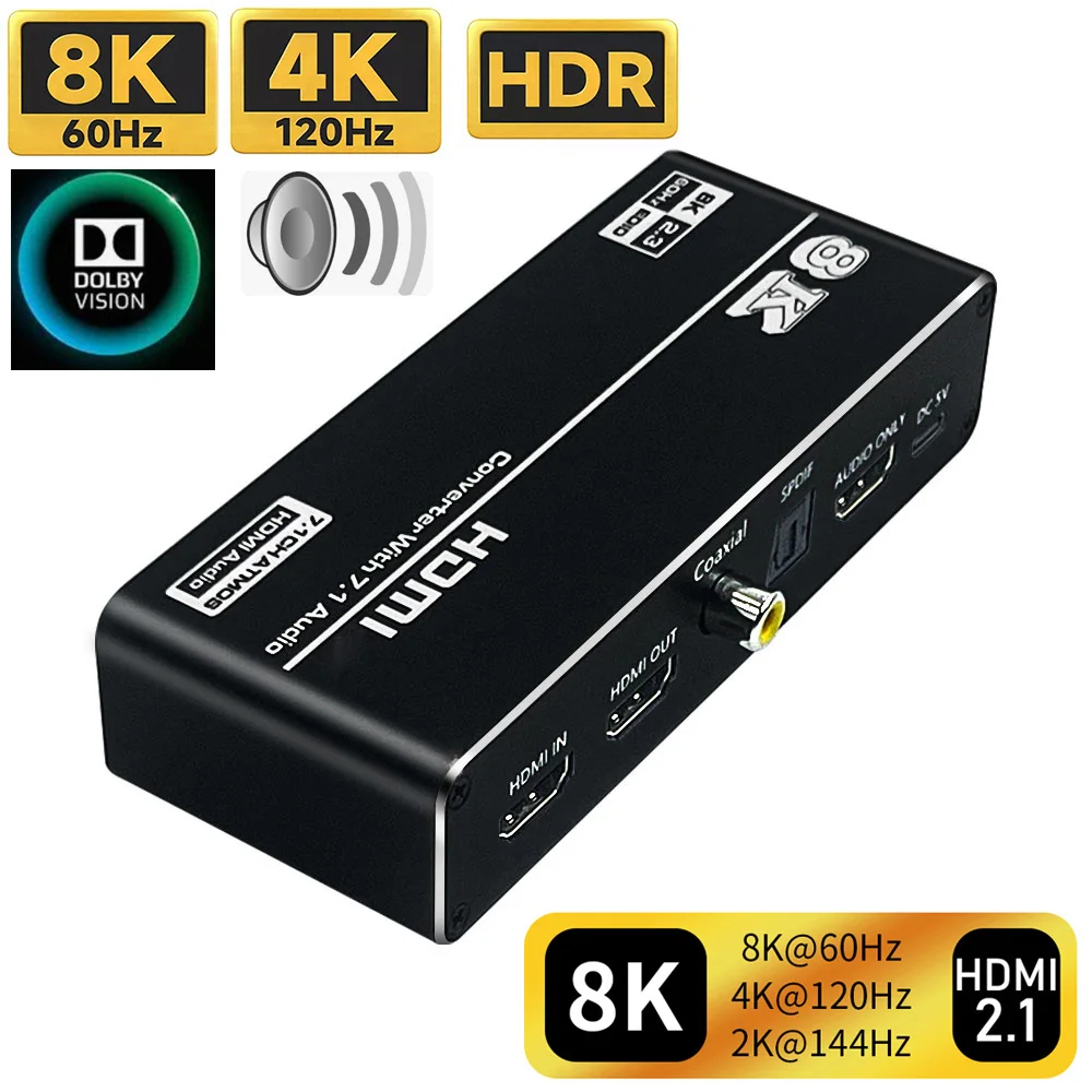 HDMI 2.1 Audio Extractor Converter 4K 120Hz HDMI 2.1 Audio Converter 8K HDMI to HDMI Audio+Video+Digital Coaxial Audio+Aux Audio