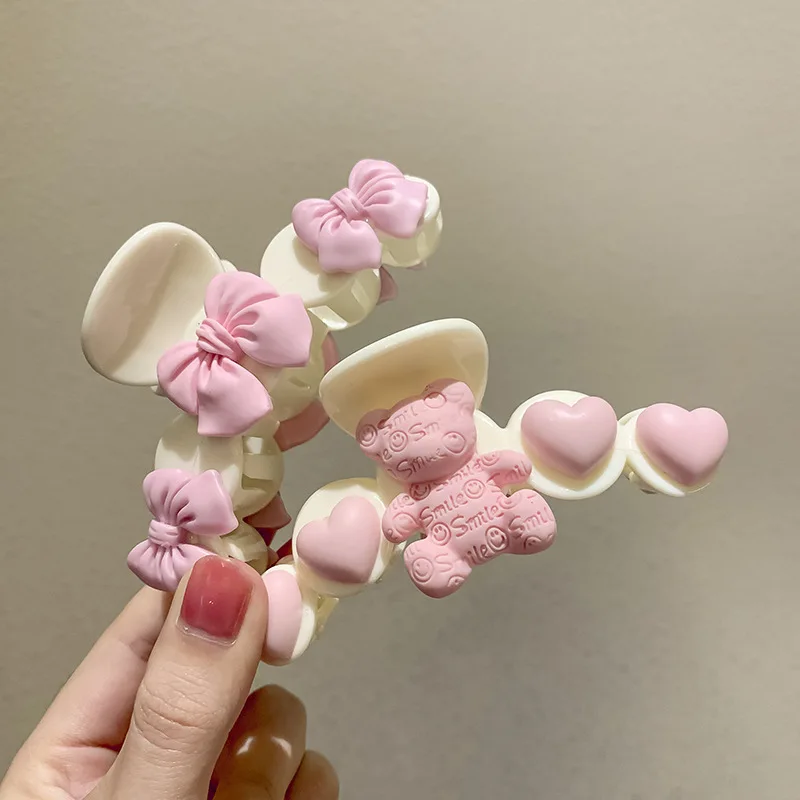 Pink Bear Bow Clip Girl Heart Cute Sweet Cream Back of Head Hair Clip Shark Clip New Hair Accessories