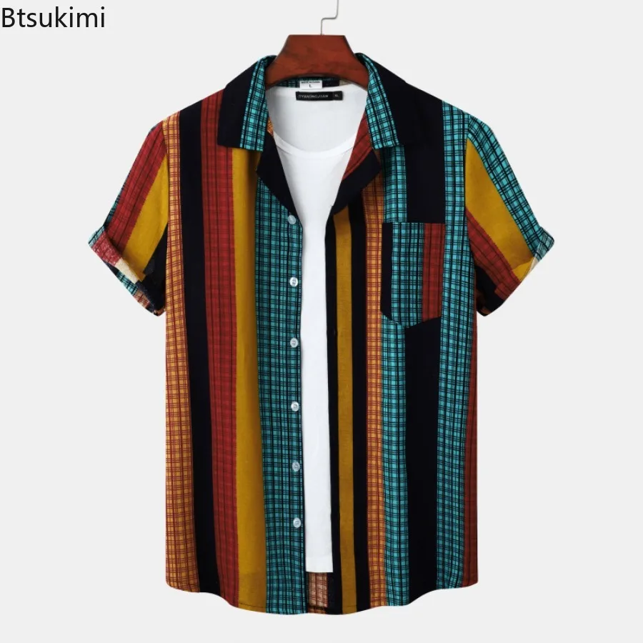 

2024 Men's Summer Short Sleeve Beach Shirts Casual Cotton Linen Shirt Fashion Striped Lapel Breathable Tops Male Blouse Shirts