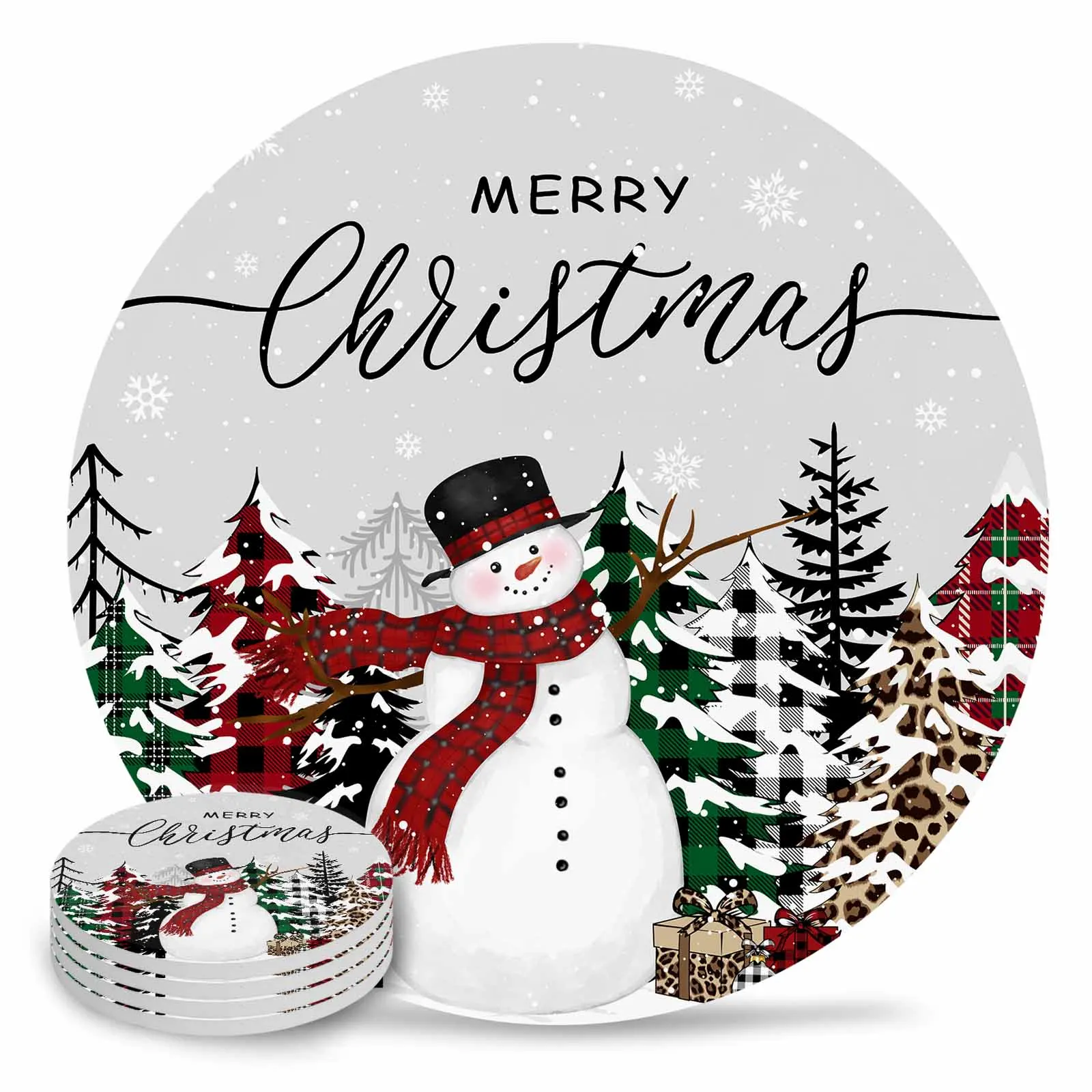 Christmas Tree Snowman Christmas Gift Round Coaster Coffee Table Mats Kitchen Accessories Absorbent Ceramic Coasters