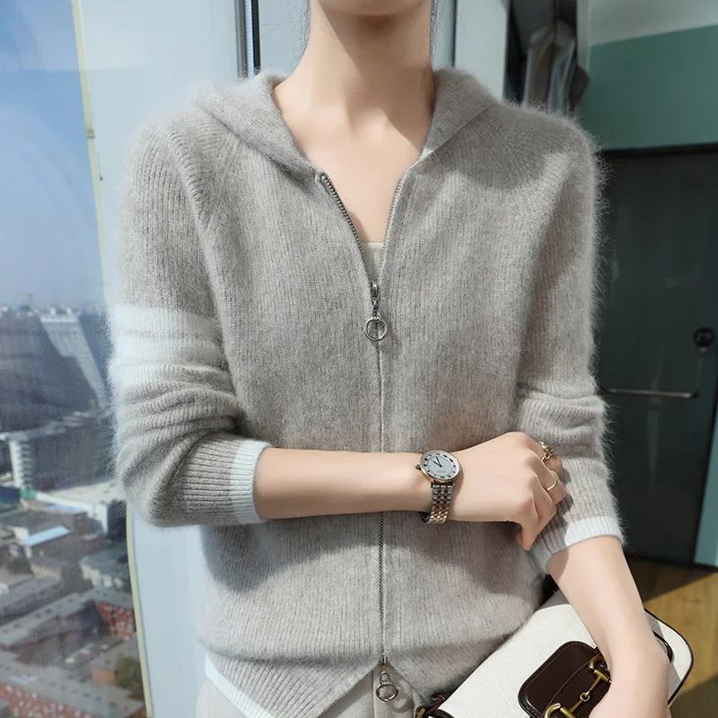 

Модный вязаный свитер с капюшоном из 100% норки и кашемира для зимних женщин, базовая элегантная теплая одежда на молнии с длинными рукавами, топы