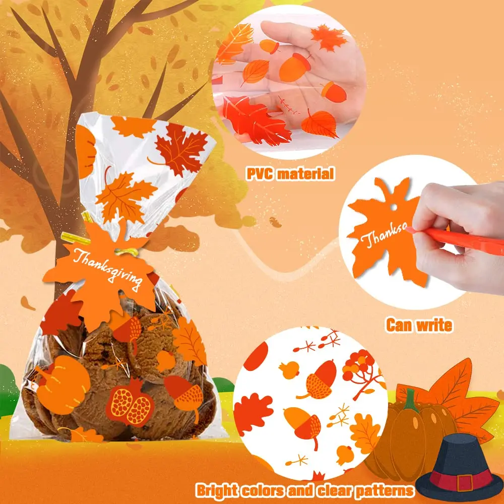 100 PCS 4 Styles Fall Candy Treat Bags, Maple Leaves Gift Bags, Autumn Clear Cello Bags for Fall Autumn Thanksgiving Theme Party