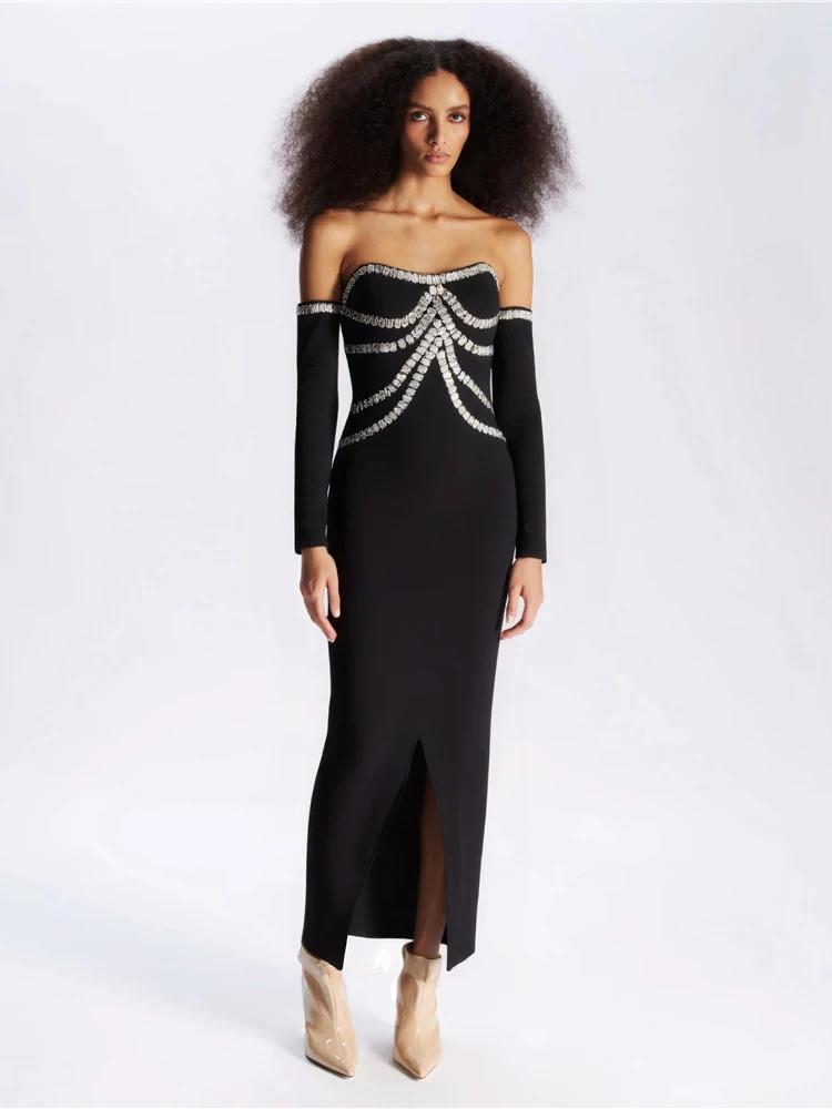 

Sexy Off Shoulder Diamonds Beading Bandage Dress Women Black Long Sleeves Crystal Bodycon Long Dresses Evening Party Gowns