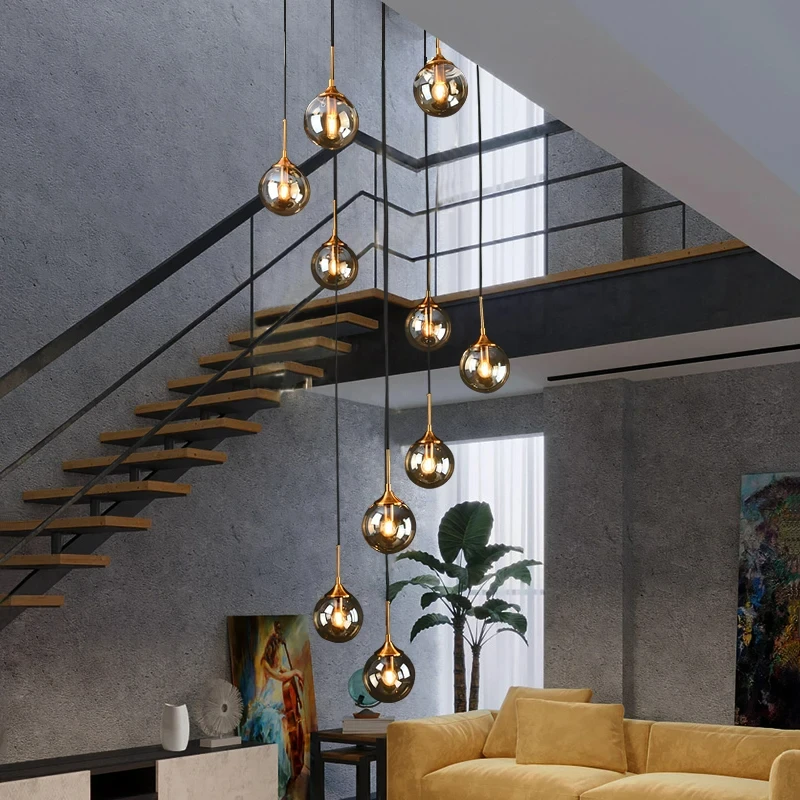 2024 Modern Glass Ball LED Staircase Chandelier, Indoor Living Room, Bedroom, Hanging Lighting, Kitchen, Restaurant Chandelier