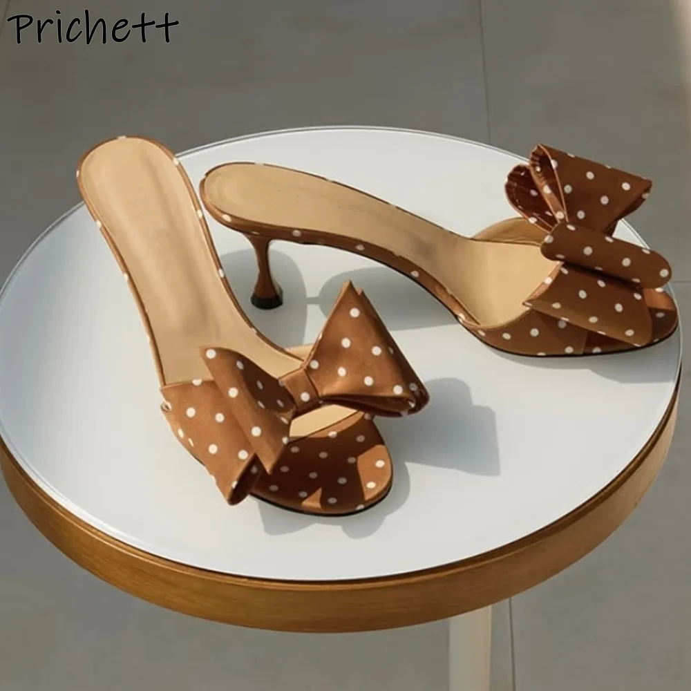 

Polka Dot Butterfly Knot Slippers Brown White Round Toe Slip On Slingback Fashion Shoes Elegant Women's Summer Stiletto Shoes
