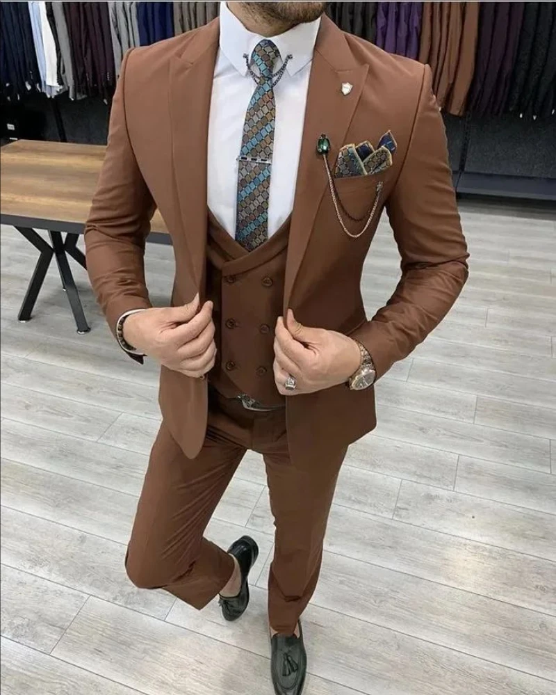

Brown Slim Fit Men Suits Wear Formal Costume Homme Wedding Men Suits Tuxedos 3 Pieces Blazers Masculino Jacket+Pants+Vest