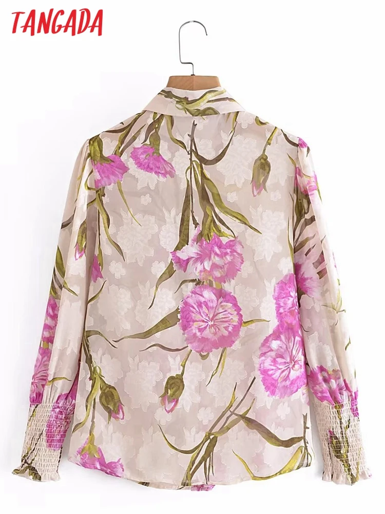 Tangada Spring Women Flower Jaquard Shirt Puff Long Sleeve Femae Loose Blouse Tops 3A18