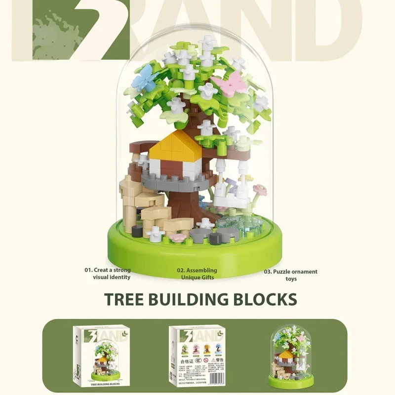 Cherry Blossom Tree House Potted Plant Micro Building Blocks With Transparent Dust Cover Assembly Ornaments MOC Bricks DIY Toys