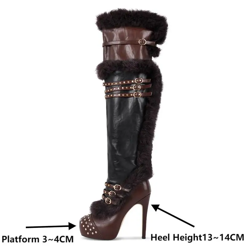 Onlymaker Women Round Toe Over The Knee Boots Platform Fur Rivet Buckle Side Zipper Wide Calf  Thigh High Boots