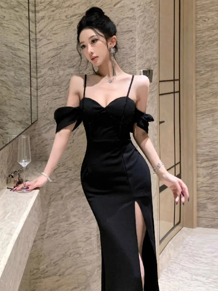 Ezgaga Irregular Dresses Women Sexy Off Shoulder Slim Split Backless Vintage Elegant Mermaid Dress Party Female Clubwear