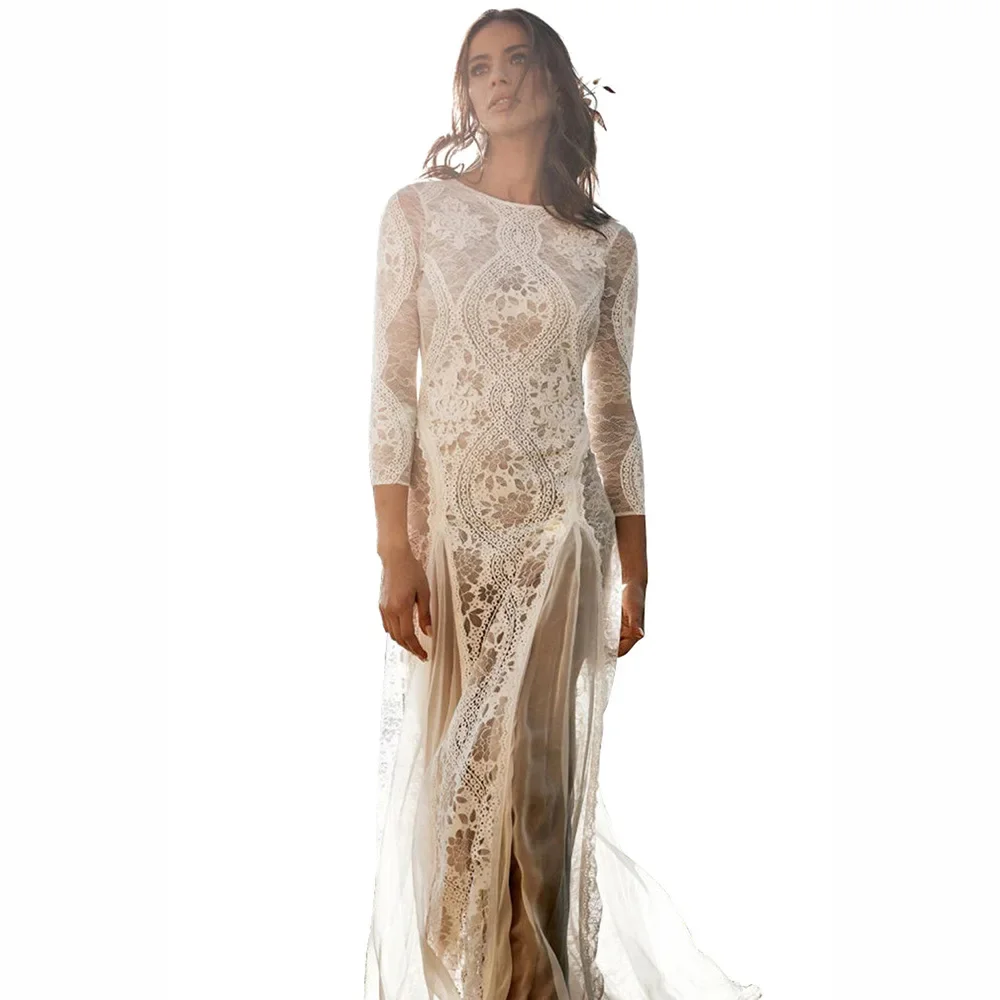 High Split Long Sleeve Boho Wedding Dresses Modest Lace Open Back Mermaid Backless for Bridal Gowns Romantic