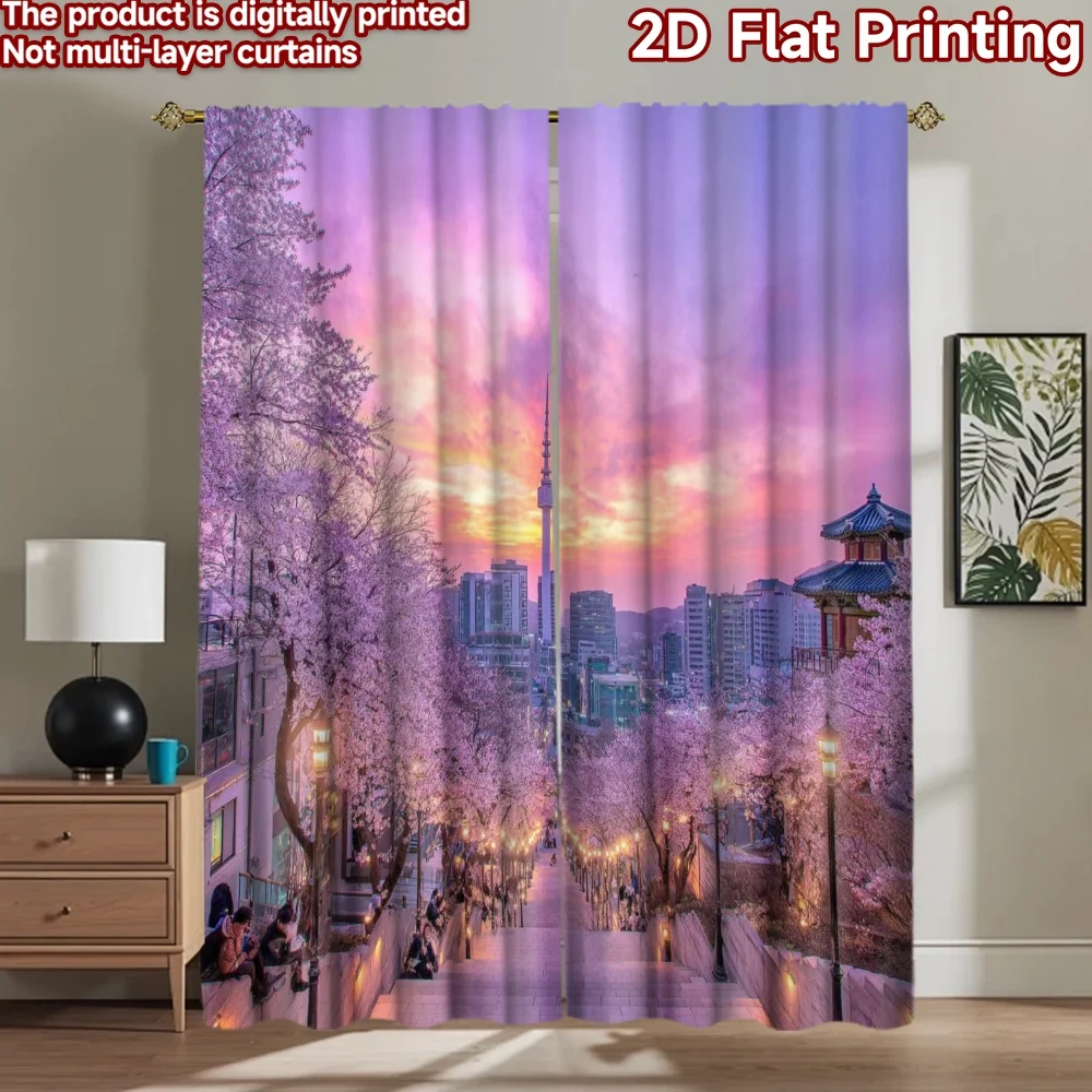 2D flat printing 2pcs Curtain Cherry Blossom Cityscape Tower Sunset Digital Printed Polyester Drapes Family Party Decoration