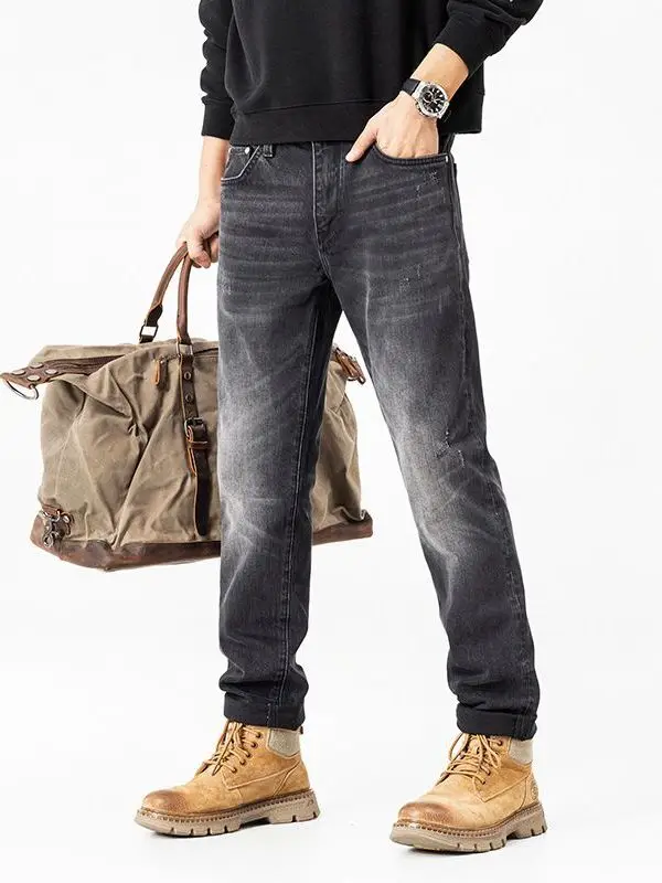 

Мужские джинсы в американском ретро-стиле, из плотного денима, прямого кроя, зауженные, осенне-зимние, новые, эластичные, повседневные, длинные брюки