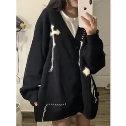 Harajuku Sweater Women Single Breasted V Neck  Embroidery Open Stitch Subculture Gothic Punk Girls Sweaters Cardigans Men