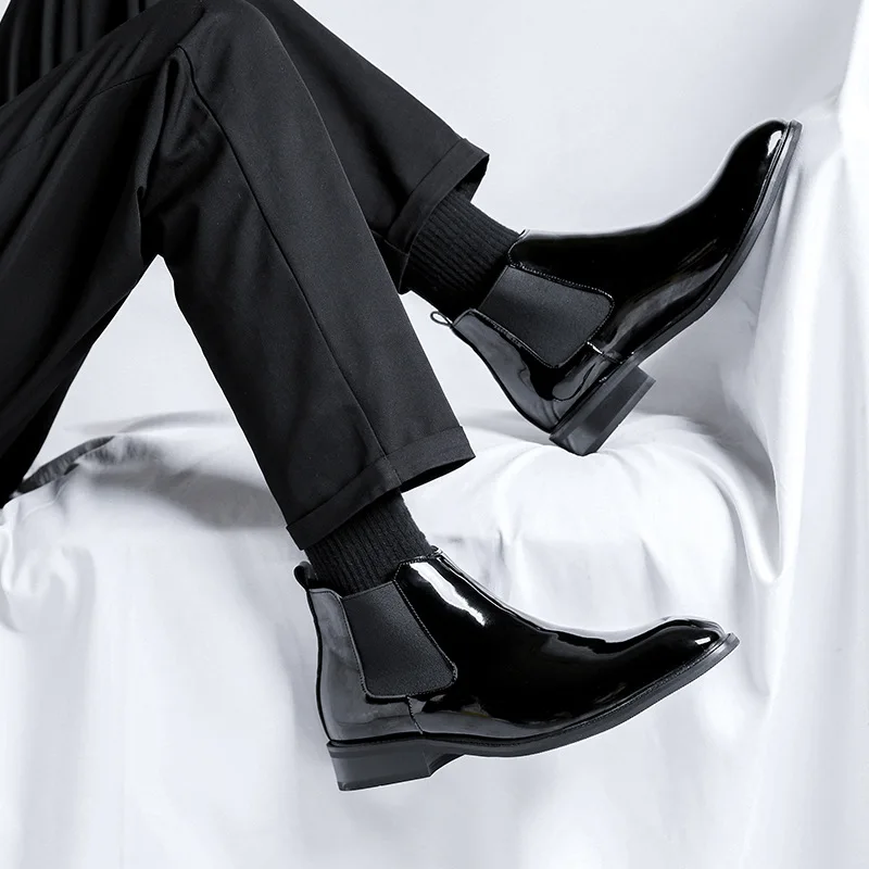 men fashion chelsea boots patent leather shoes business wedding dress pointed toe cowboy ankle boot black trendy short botas man