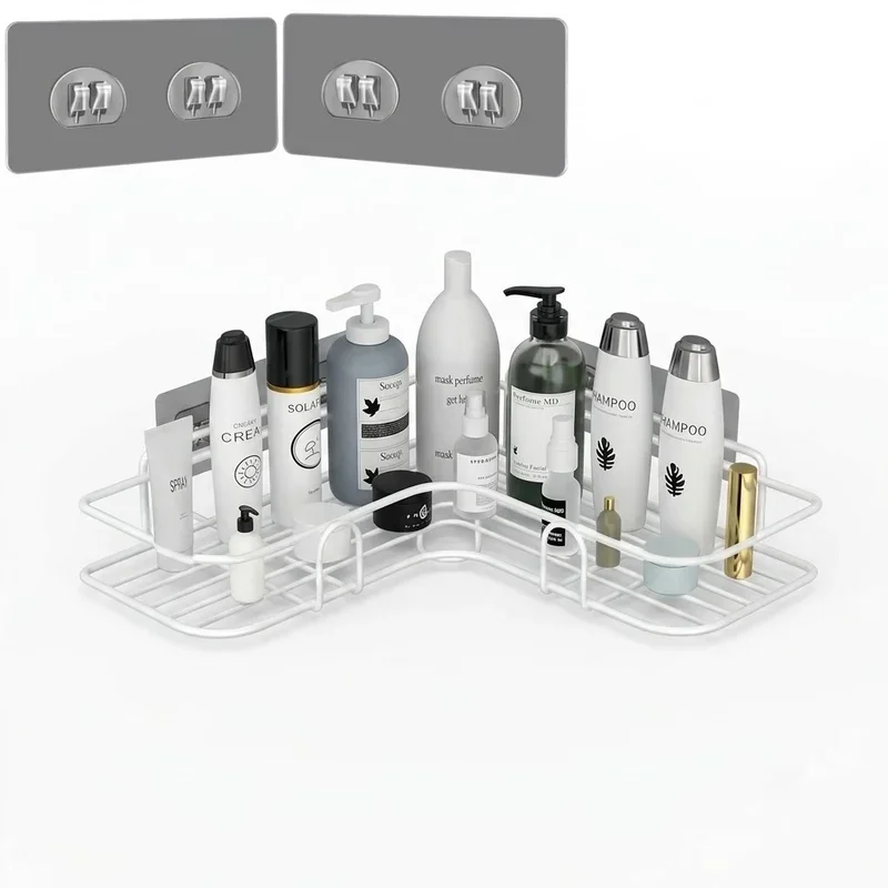 Wall Mount Corner Iron Shower Rack – Rustproof Storage Shelf for Toiletries & Cosmetics