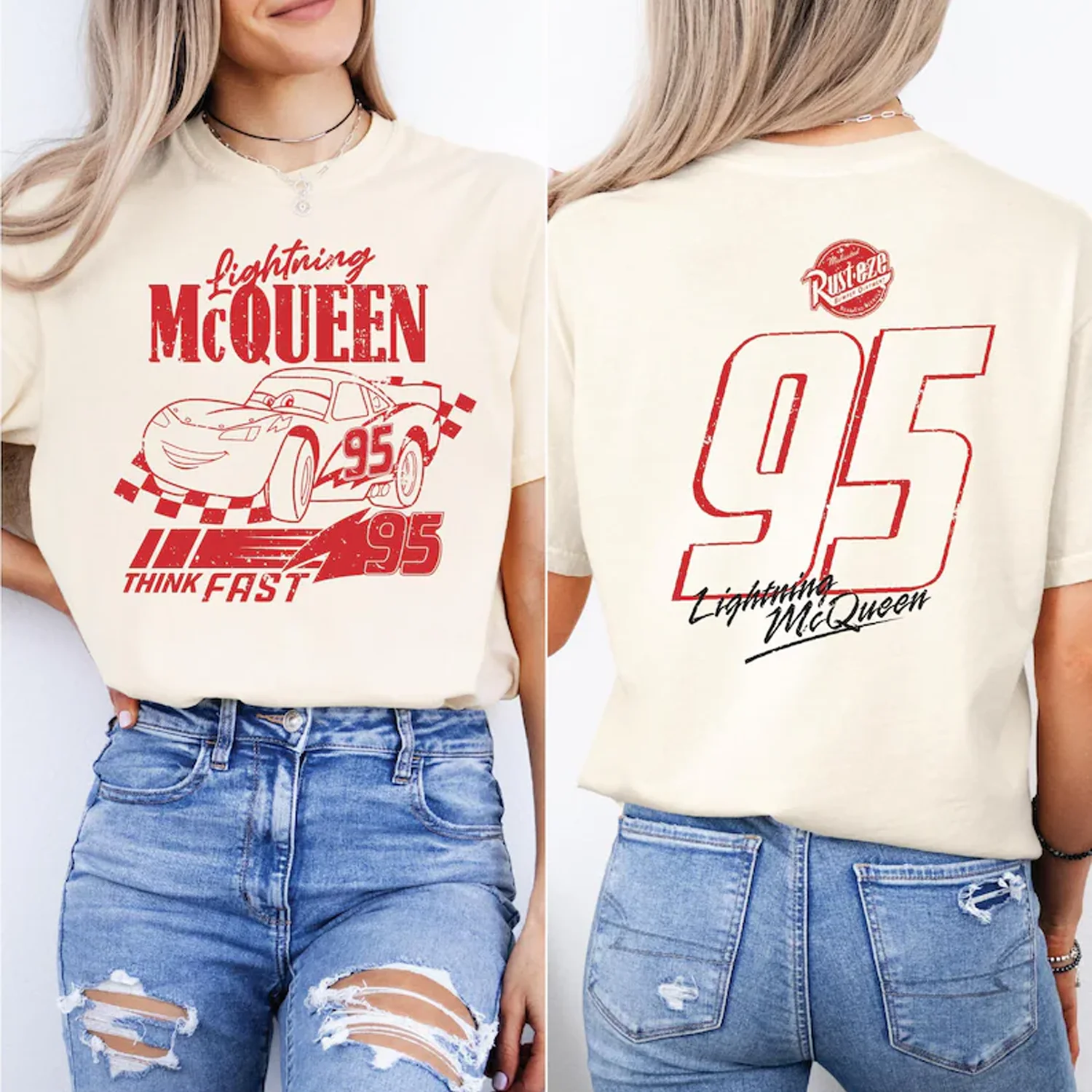 

Disney Lightning McQueen Racing 95 T-shirt Valentines Gift New Summer Unisex Tops Hot Sale Faddish Casual Couple Tee