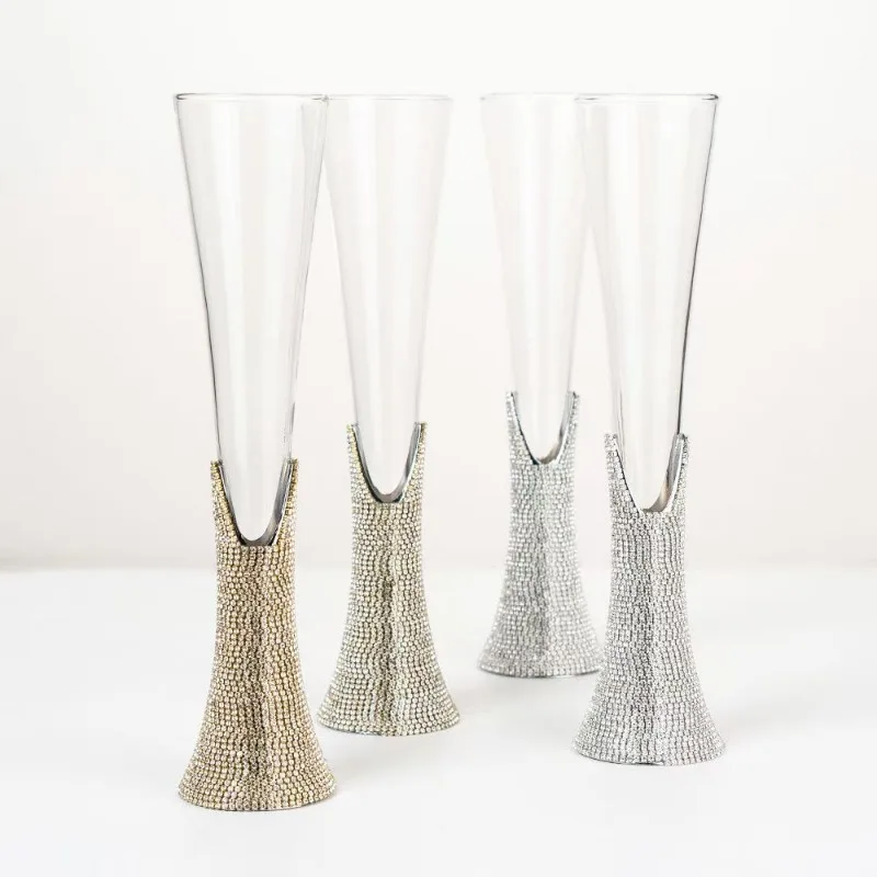 Diamond Champagne Glass High Leg Wine Cup Luxury Crystal Glass with Rhinestone Metal Bottom Suitable For Couples' Wedding Gifts