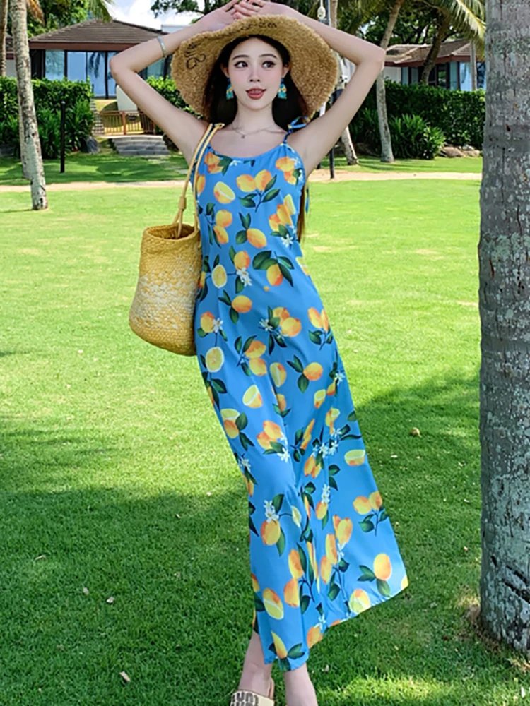 

Women Blue Floral Bow Sling Sexy Long Dress Summer Elegant Casual Beach Dress 2025 Korean Fashion Bodycon Party Dress and Events