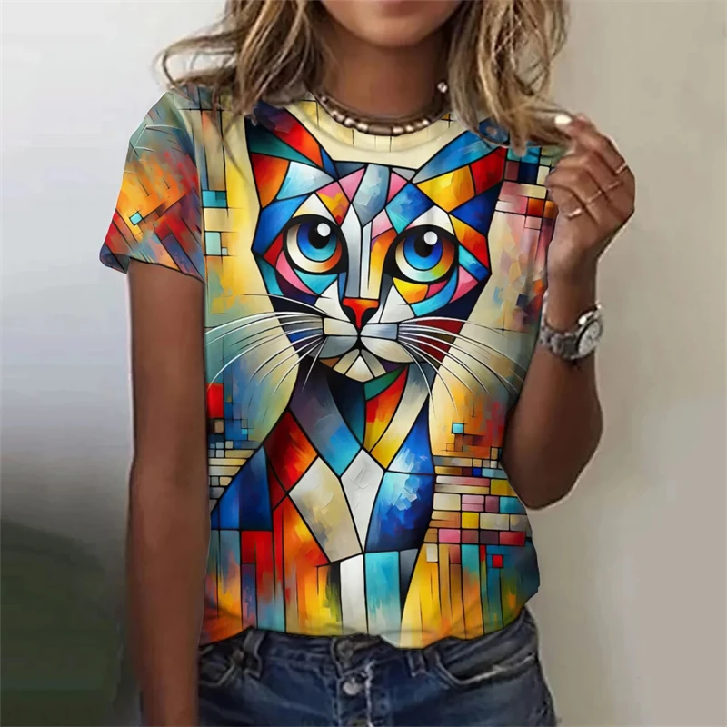 2024 New Summer Graffiti Cat 3d Print Men's T-shirt Oversized Short-sleeved O Neck Casual Funny Tops Vintage Female Tee Shirts
