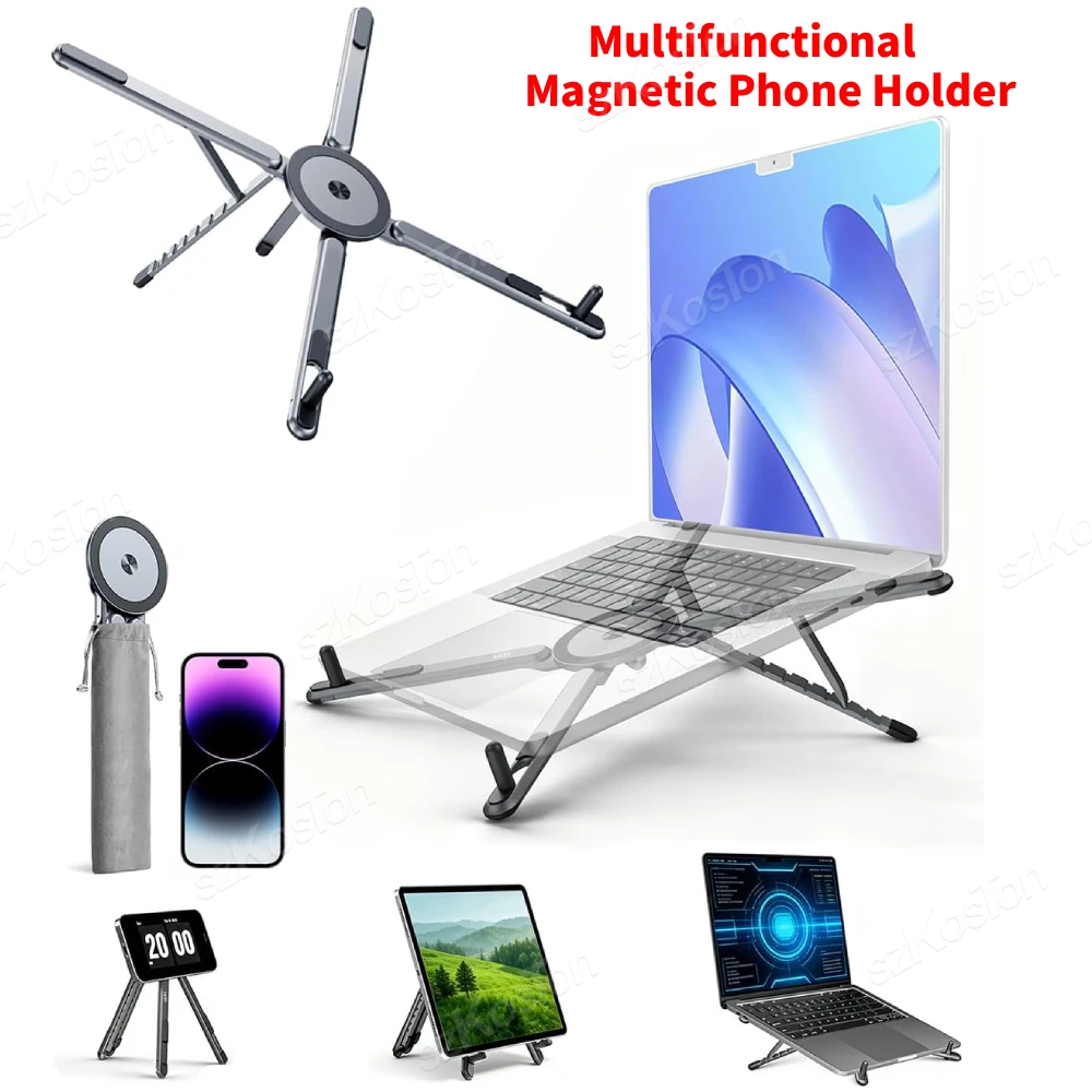 Soporte Ajustable para Portátil 3 en 1, Soporte Metálico Plegable Multifuncional, Soporte Magnético para Teléfono, Trípode para iPhone, iPad, MacBook, Tablet