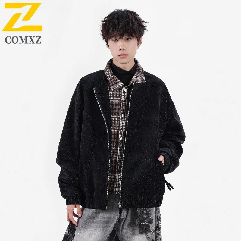 

COMXZ 2025 Мужская куртка с отложным воротником и полосатым принтом, высокое качество, байкерский стиль, повседневная модная легкая весенне-осенняя новая одежда