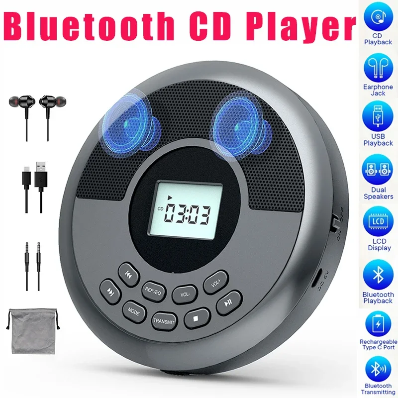 Tragbarer CD-Player mit Lautsprecher, Stereo und Kopfhörern, wiederaufladbarer Bluetooth-CD-Player, LED-Bildschirm, MP3-Musik-Album-Player