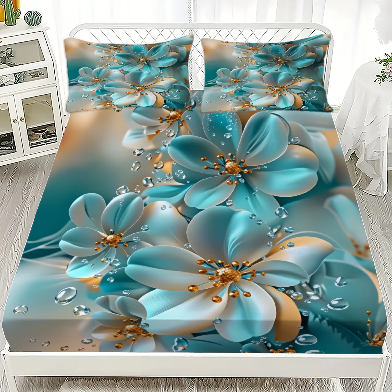 Floral Flat Sheet Sets 3D Printed Droplet Luxury Home Decoration For Girls Adult 3pcs Fitted Sheet With 2Pillowcases
