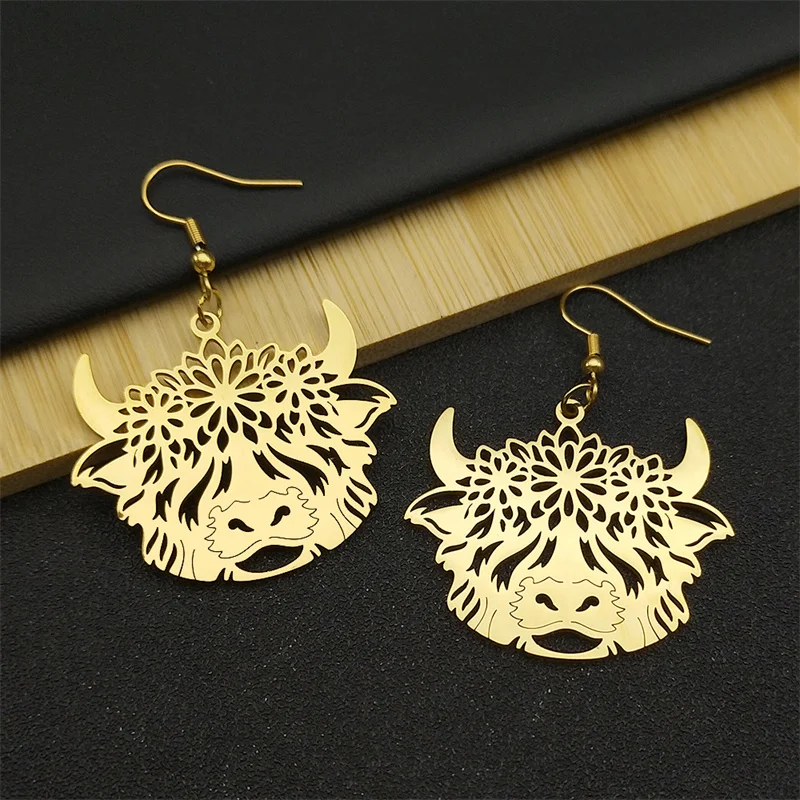 Bohemia Flower Cattle Cow Dangle Earrings for Women Men Stainless Steel Gold Silver Color Bull Calf Animal Earring Jewelry
