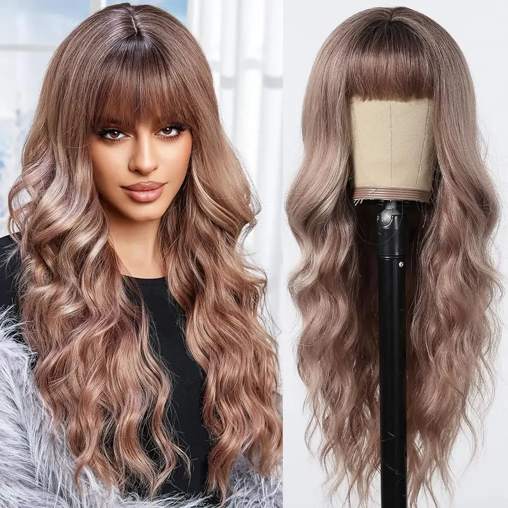 

Long Wavy Rose Blonde Women 26 Inch Brown Curly Bangs Synthetic Heat Resistant Fiber Wigs